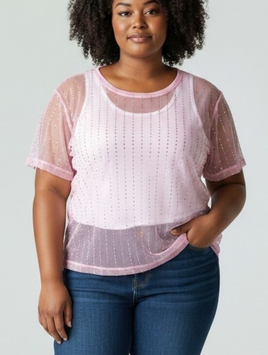 Tops - Sheer Light Pink Beaded Mesh Top Size 3X